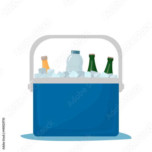 Cooler bag. Cold drinks. Portable refrigerator. Car refrigerator. Ice box with drinks. Open fridge with drinks. Vector illustration isolated on white background