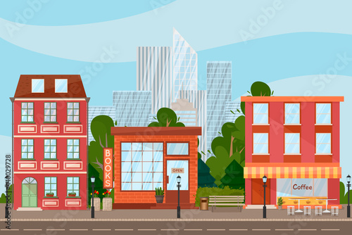 Small cute city landscape in flat design style, vector illustration. Includes small business, buildings, trees, street, shops, behind a large city with skyscrapers