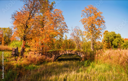 Sanny panoramic view of Demidovsky Park in autumn and the old stone bridge in the village of Taitsy, Russia.