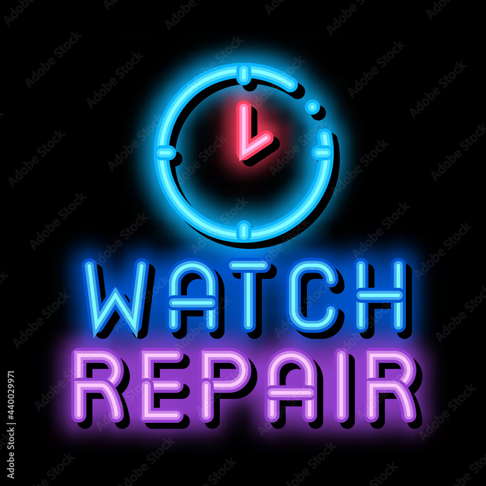 watch repair logo neon light sign vector. Glowing bright icon watch repair logo sign. transparent symbol illustration watch repair logo neon light sign vector. Glowing bright icon watch repair logo sign. transparent symbol illustration