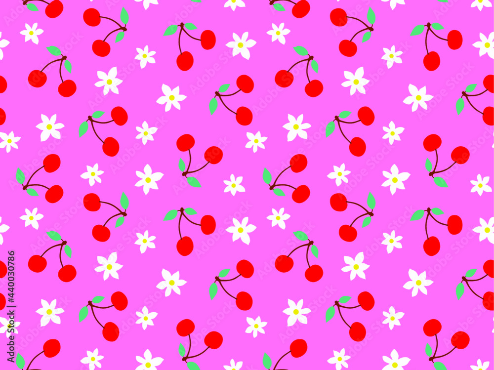Abstract Hand Drawing Cherry Fruits and Ditsy Flowers Seamless Vector Pattern Isolated Background