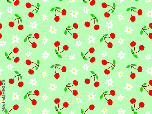 Fototapeta Naklejka Na Ścianę i Meble -  Abstract Hand Drawing Cherry Fruits and Ditsy Flowers Seamless Vector Pattern Isolated Background