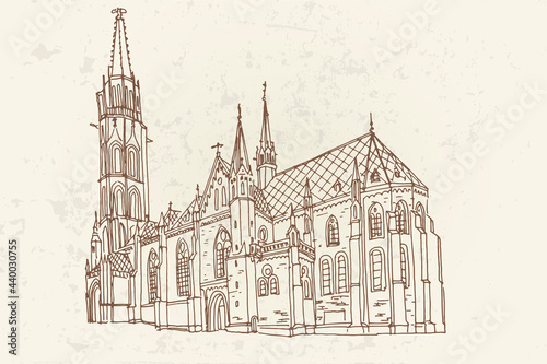 vector sketch of St. Matthias Church in Budapest, Hungary.