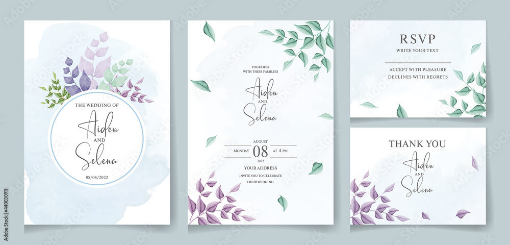Wedding invitation template set with soft green watercolor floral frame and border decoration. botanic illustration for card composition design Wedding invitation template set with soft green watercolor floral frame and border decoration. botanic illustration for card composition design