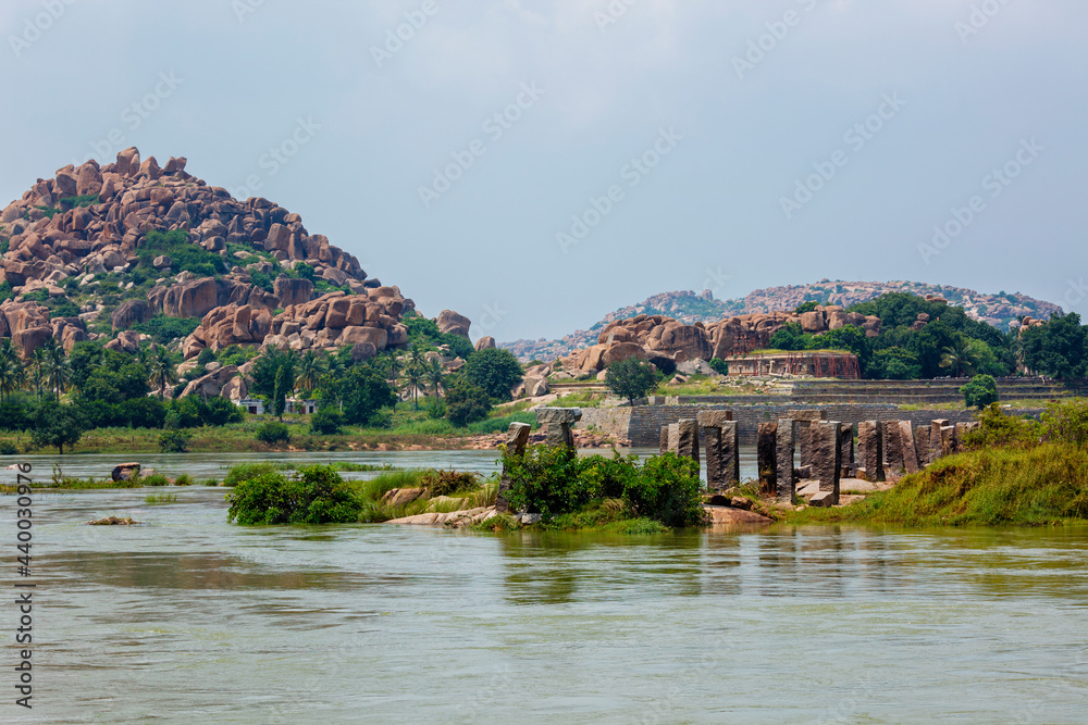 Ancient ruins in Hampi near Tungabhadra river, Hampi, Karnataka, India