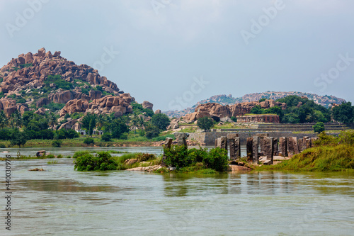 Ancient ruins in Hampi near Tungabhadra river  Hampi  Karnataka  India