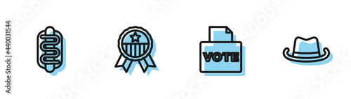 Set line Vote box, Hotdog sandwich, Medal with star and Western cowboy hat icon. Vector