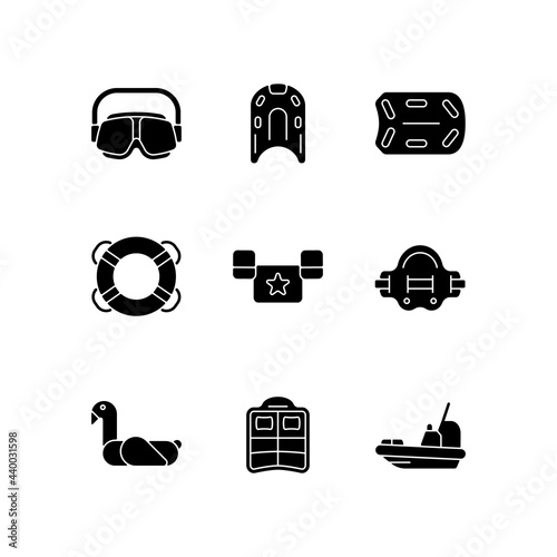 Swimming lessons black glyph icons set on white space. Flotation aid. Ring buoy. Puddle jumper. Aquatic fitness. Eyes protection in swimming pool. Silhouette symbols. Vector isolated illustration