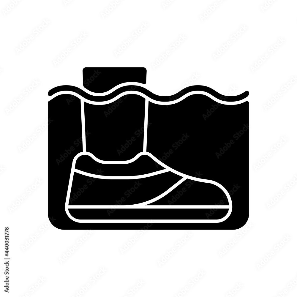 Water shoes black glyph icon. Walking in wet, rocky environments. Protecting feet from hot surfaces, sharp objects. Scrapes preventing. Silhouette symbol on white space. Vector isolated illustration Water shoes black glyph icon. Walking in wet, rocky environments. Protecting feet from hot surfaces, sharp objects. Scrapes preventing. Silhouette symbol on white space. Vector isolated illustration