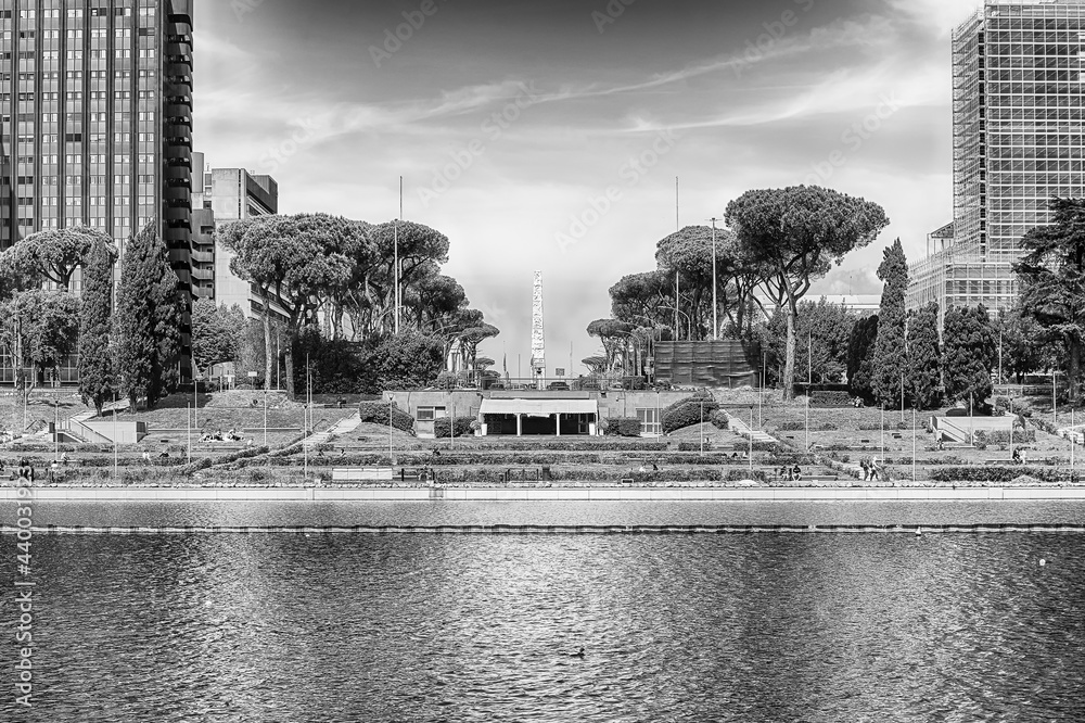View over the artificial lake, EUR district, Rome, Italy View over the artificial lake, EUR district, Rome, Italy