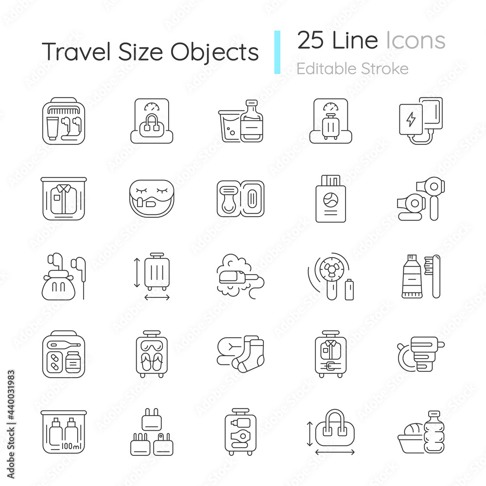 Travel size objects linear icons set. Portable stuff for flight passenger. Essential things for tourist. Customizable thin line contour symbols. Isolated vector outline illustrations. Editable stroke