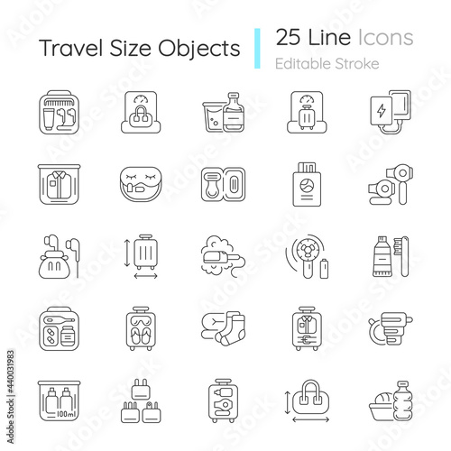 Travel size objects linear icons set. Portable stuff for flight passenger. Essential things for tourist. Customizable thin line contour symbols. Isolated vector outline illustrations. Editable stroke © bsd studio