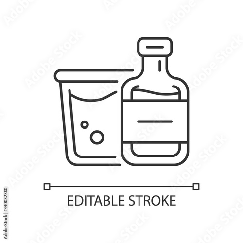 Airplane alcohol linear icon. Mini bottled drinks from duty free. Portable amenities. Thin line customizable illustration. Contour symbol. Vector isolated outline drawing. Editable stroke