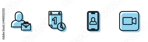 Set line Video chat conference, Freelancer, Time management and Camera icon. Vector
