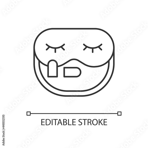 Sleeping mask and earplugs linear icon. Portable amenities for bedtime in airplane. Thin line customizable illustration. Contour symbol. Vector isolated outline drawing. Editable stroke