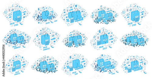 Shop retail sale vector 3D illustrations set isolated on white background, shopping bags with money and other elements, store discount, Black Friday concept, clearance.