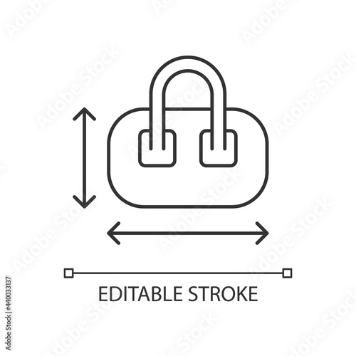 Hand luggage size linear icon. Measuring baggage for flight passenger. Portable amenities. Thin line customizable illustration. Contour symbol. Vector isolated outline drawing. Editable stroke