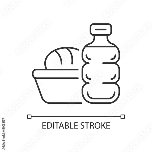 Airplane food linear icon. Meal during flight. Airline catering service. Travel size objects. Thin line customizable illustration. Contour symbol. Vector isolated outline drawing. Editable stroke