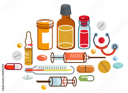 Big composition set of medicaments vector flat illustration isolated, pharmacy drugs apothecary bottles and pills and ampules, health care and healing medical theme design.