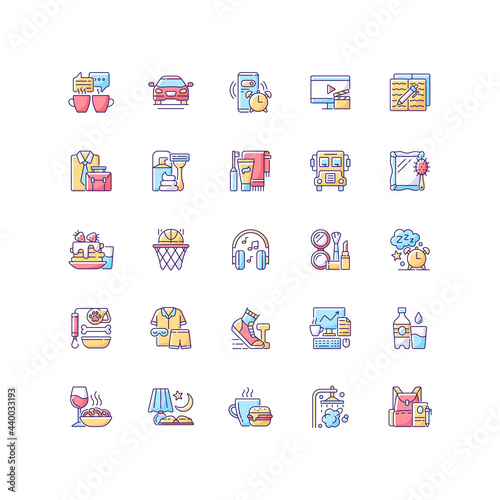Everyday routine RGB color icons set. Alarm clock. Coffee break. Tranposrt for transit to work, school. Isolated vector illustrations. Daily morning and evening simple filled line drawings collection