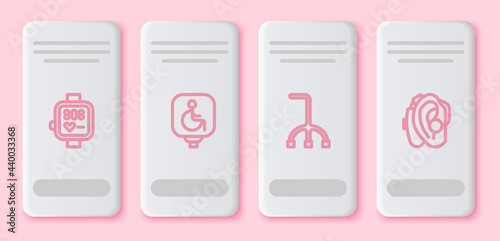 Set line Smart watch, Disabled wheelchair, Walking stick cane and Hearing aid. White rectangle button. Vector