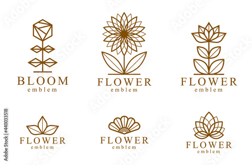 Geometric linear style vector flower logos or emblems set, sacred geometry floral symbols line drawing emblems collection, blossoming flower hotel or boutique or jewelry logotypes.