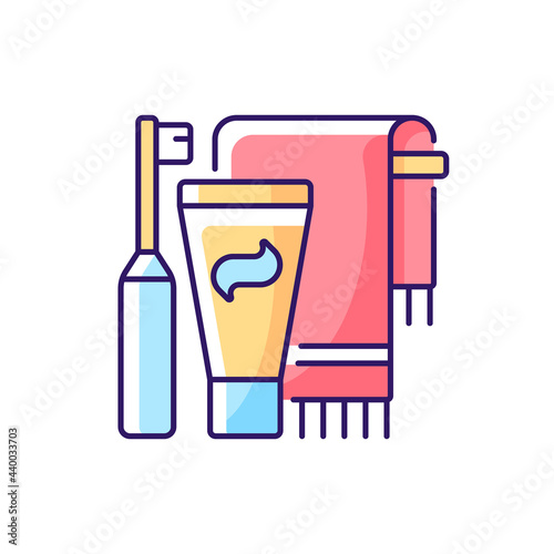 Brushing teeth RGB color icon. Toothpaste and paste in bathroom. Towel for personal cleanliness and hygiene. Isolated vector illustration. Everyday bath routine simple filled line drawing