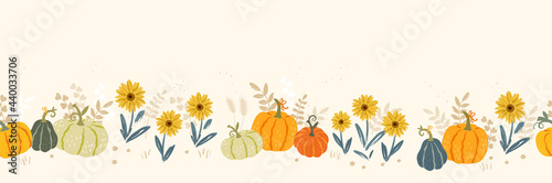 Lovely hand drawn Thanksgiving seamless pattern with pumpkins and sunflowers, great for textiles, table cloth, wrapping, banners, wallpapers - vector design