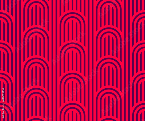 Linear seamless background with twisted lines, vector abstract geometric pattern, stripy weaving, optical maze, web network. Red color design.