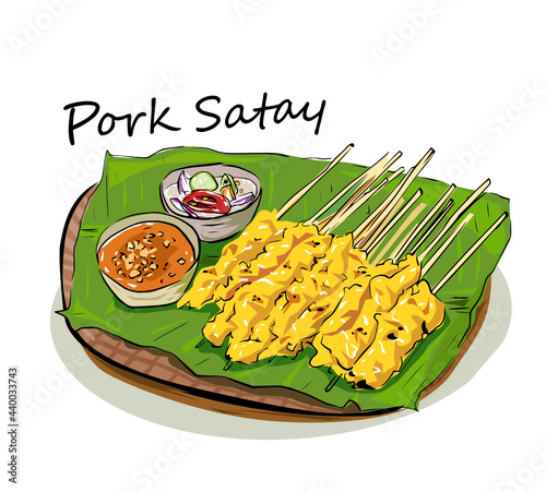 Pork satay - Grilled pork served with peanut sauce or sweet and sour sauce on Banana leaf - Asian food style. Vector illustration on white background.