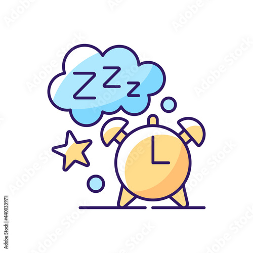 Sleep time RGB color icon. Alarm clock. Watch dial with nighttime. Countdown to morning wake up. Night rest. Isolated vector illustration. Everyday routine simple filled line drawing