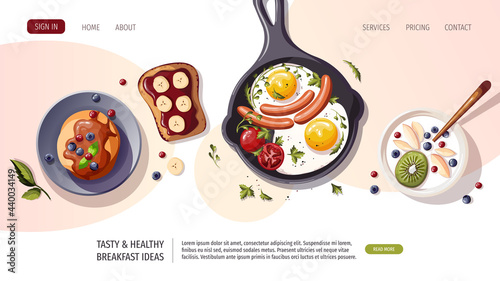 Pan with scrambled eggs and sausages, pancakes, yogurt, fruits, toast. Healthy eating, nutrition, diet, cooking, breakfast menu, fresh food concept. Vector illustration for banner, website, poster.