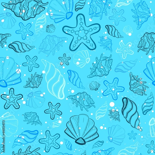 Baby blue all over print with sea and ocean creatures. Seamless pattern with seashells, star fish, snails and clam doodles. Oceanic repeat background with underwater marine life for scrapbooks