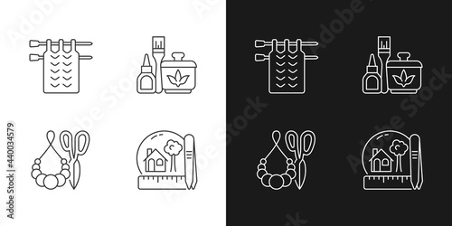 Creative crafts linear icons set for dark and light mode. Knitting. Handmade pom pom jewelry. Decoupage. Customizable thin line symbols. Isolated vector outline illustrations. Editable stroke