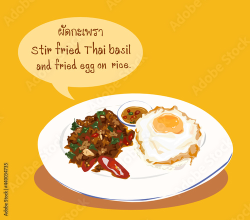 Stir-fried Thai basil with minced pork and a fried egg on rice. Thai food vector illustration.