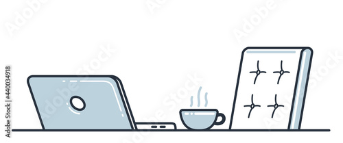 Work desk flat illustration isolated over white, office or home working place vector modern illustration, empty chair nobody vacant job concept, comfortable space for work.