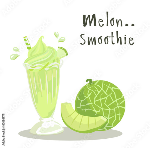 Melon smoothie with text and ripe melon vector on white background. 
