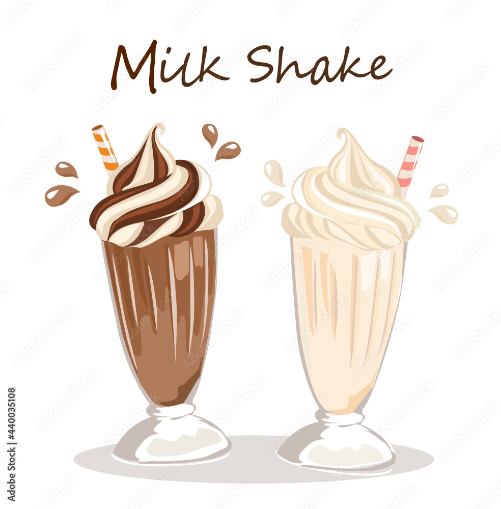 The glasses of various milkshakes (chocolate and vanilla) isolated on white background. Vector illustration.