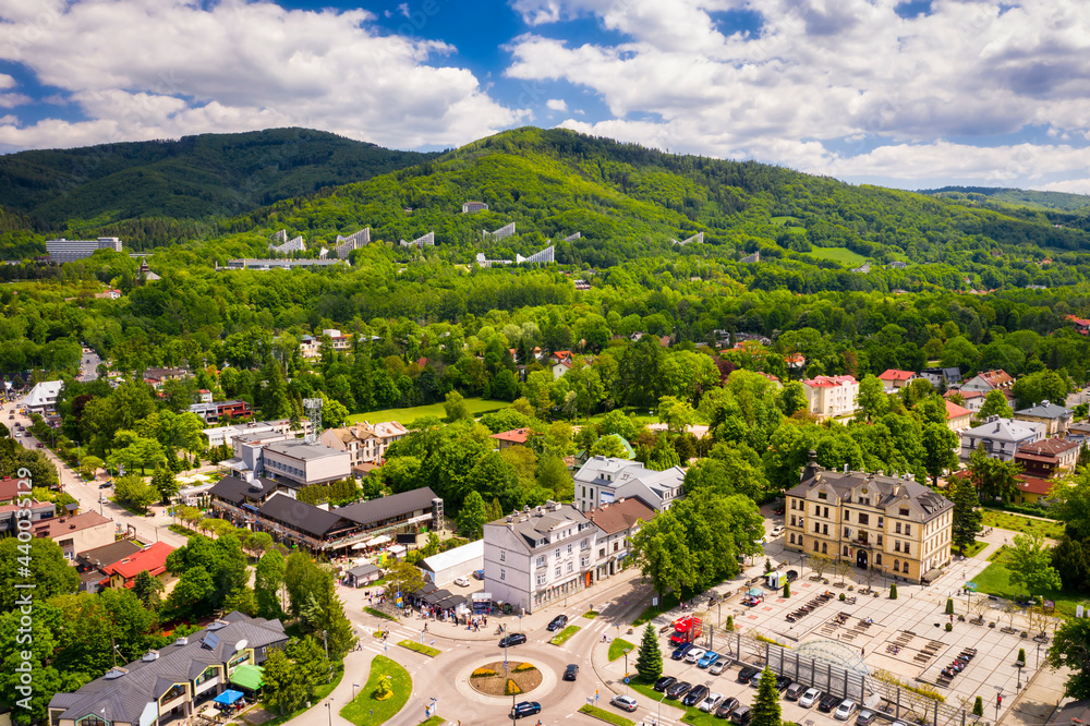 Aerial view of Ustron city on the hills of the Silesian Beskids. Poland