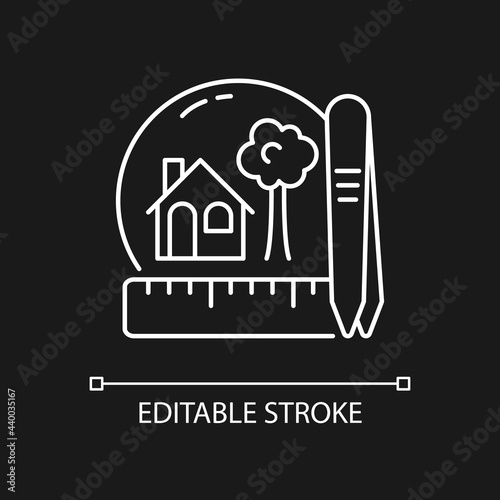 Creating miniatures white linear icon for dark theme. Building dolls house. Miniature model making. Thin line customizable illustration. Isolated vector contour symbol for night mode. Editable stroke