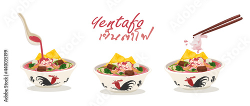 Set of Thai noodles; Tom Yum Kung noodle, Yen ta fo noodle, and braised pork noodle. illustration vector on white background.