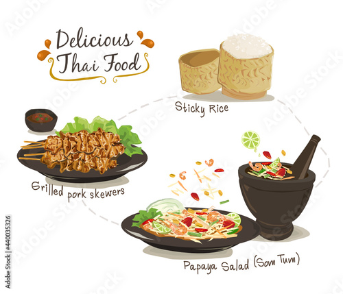 Set of Thai food; Sticky rice, Grilled pork skewers, and Papaya salad vector illustration on white background. Thai traditional menu.