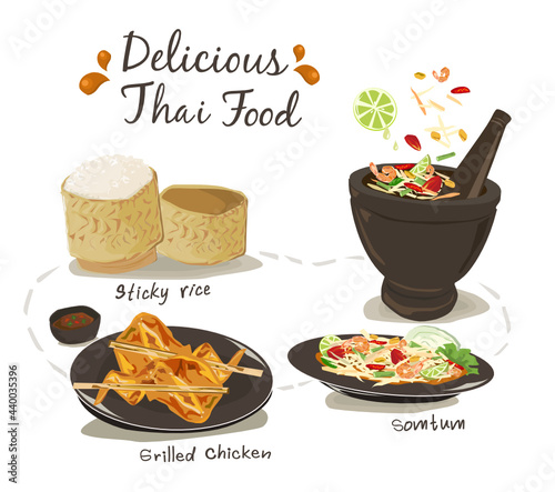 Set of Thai food; Somtum, Grilled chicken, and sticky rice vector illustration on white background. photo