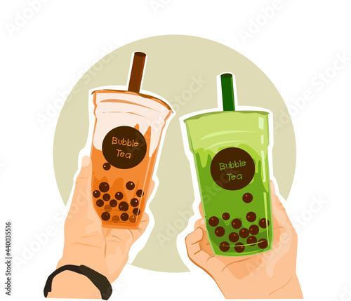 Two hands are holding a bubble teacup. Boba tea, a popular Asian sweet drink, in flat cartoon style. Elements are isolated.