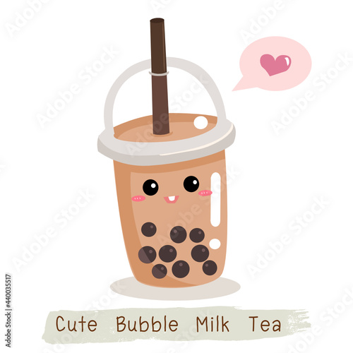 Bubble tea cartoon vector illustration in doodle style. Smiling cute cup on white background. Kawaii character.