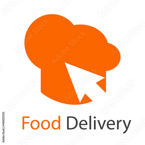 Logotipo con texto Food Delivery con sombrero de cocinero con flecha de mouse en color naranja