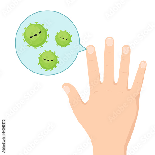 Hand and Bacteria vector. wallpaper. free space for text. Virus vector. Hand on white background.
