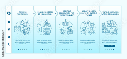 Social unit development steps onboarding vector template. Responsive mobile website with icons. Web page walkthrough 5 step screens. Cooperation with government color concept with linear illustrations