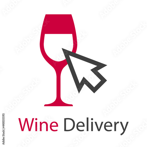 Logotipo con texto Wine Delivery con copa de vino con flecha de mouse en color gris y granate