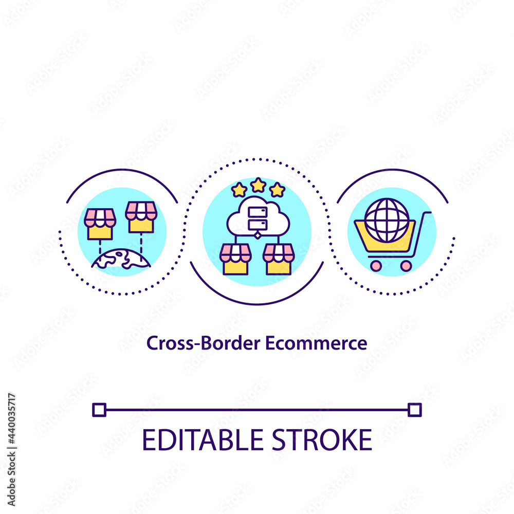 Cross border ecommerce concept icon. Wordwide marketplace. Creating online business. Remote selling abstract idea thin line illustration. Vector isolated outline color drawing. Editable stroke